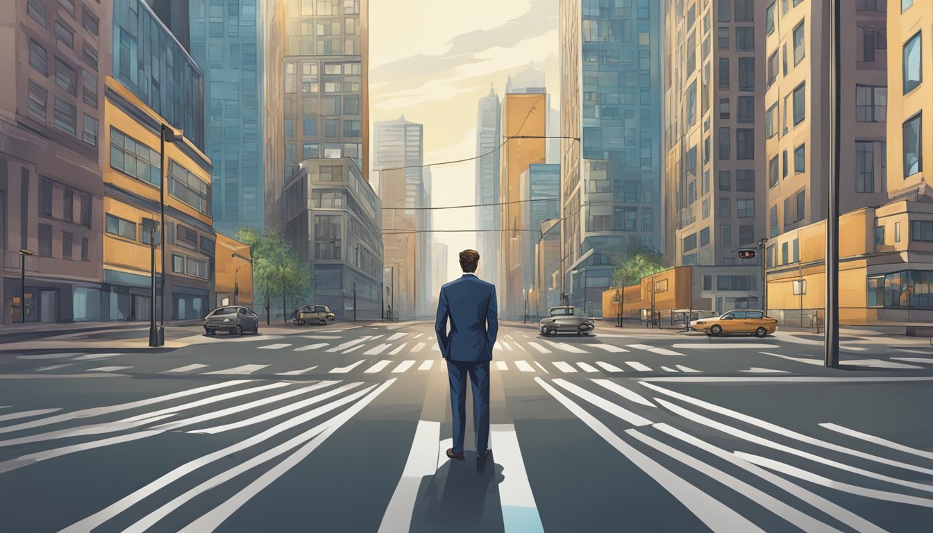 A professional in a suit stands at a crossroads, one path leading to a bustling city representing public accounting, the other to a quiet office symbolizing private accounting