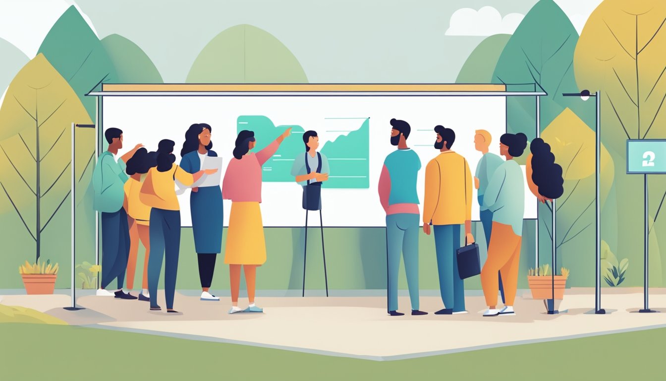 A group of people standing in front of a large sign that reads "Frequently Asked Questions," with some individuals pointing and gesturing towards it