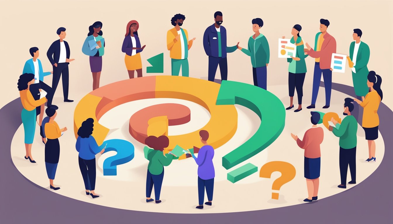 A group of diverse people standing in a circle, each holding a question mark sign, with a sign that says "Frequently Asked Questions" in the background