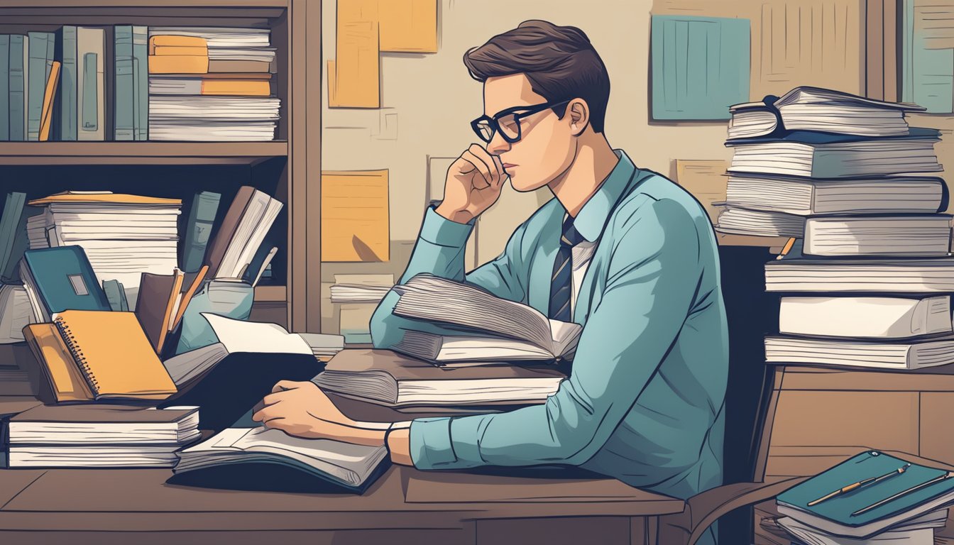 A determined candidate studying with focus, surrounded by CPA exam study materials and confidently taking practice tests