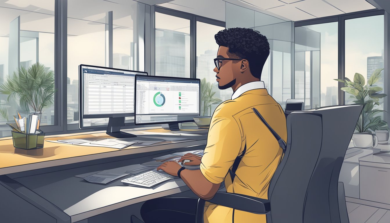 A professional in a modern office, confidently using accounting software on a computer to manage financial data