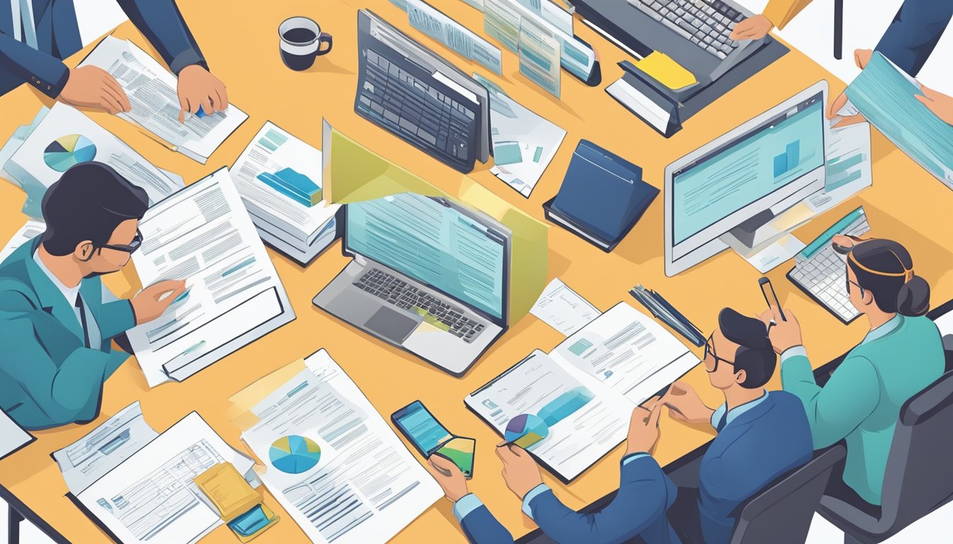 A team of accountants diligently cross-referencing invoices and payments to prevent costly errors