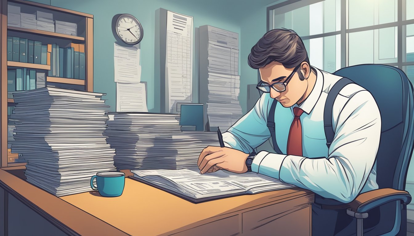 A forensic accountant meticulously examines financial records, analyzing data with a focused intensity