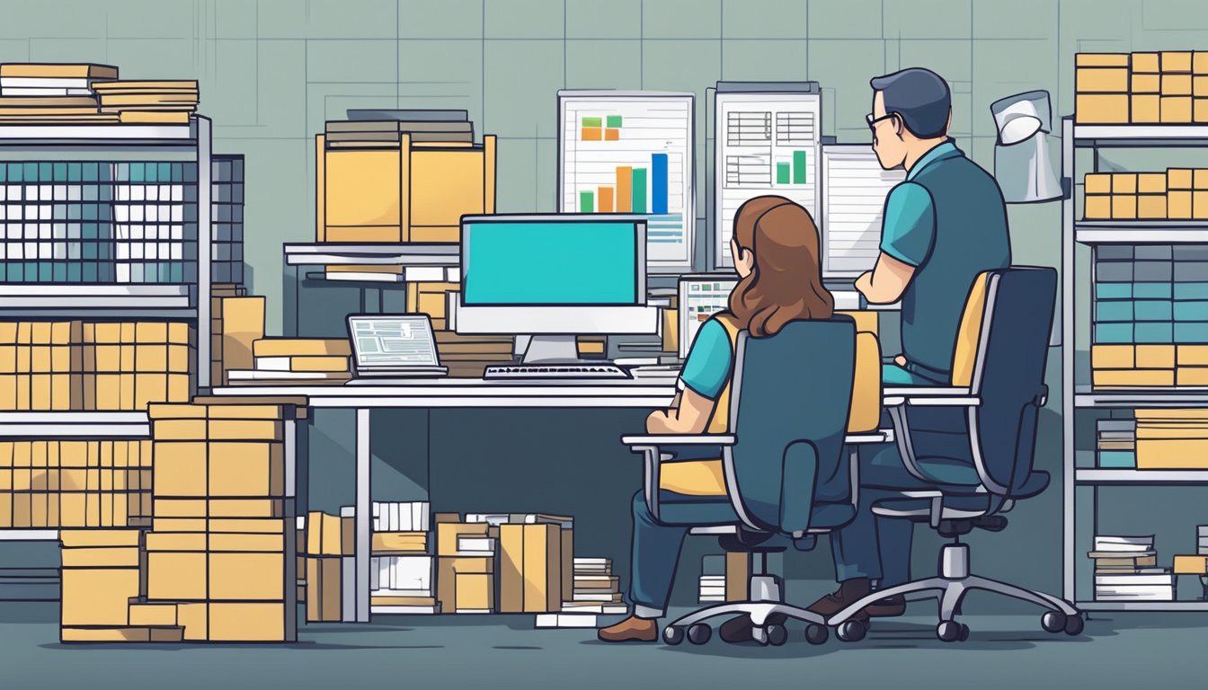A team of accountants meticulously counting and organizing inventory, using advanced software and precise record-keeping techniques to ensure accuracy