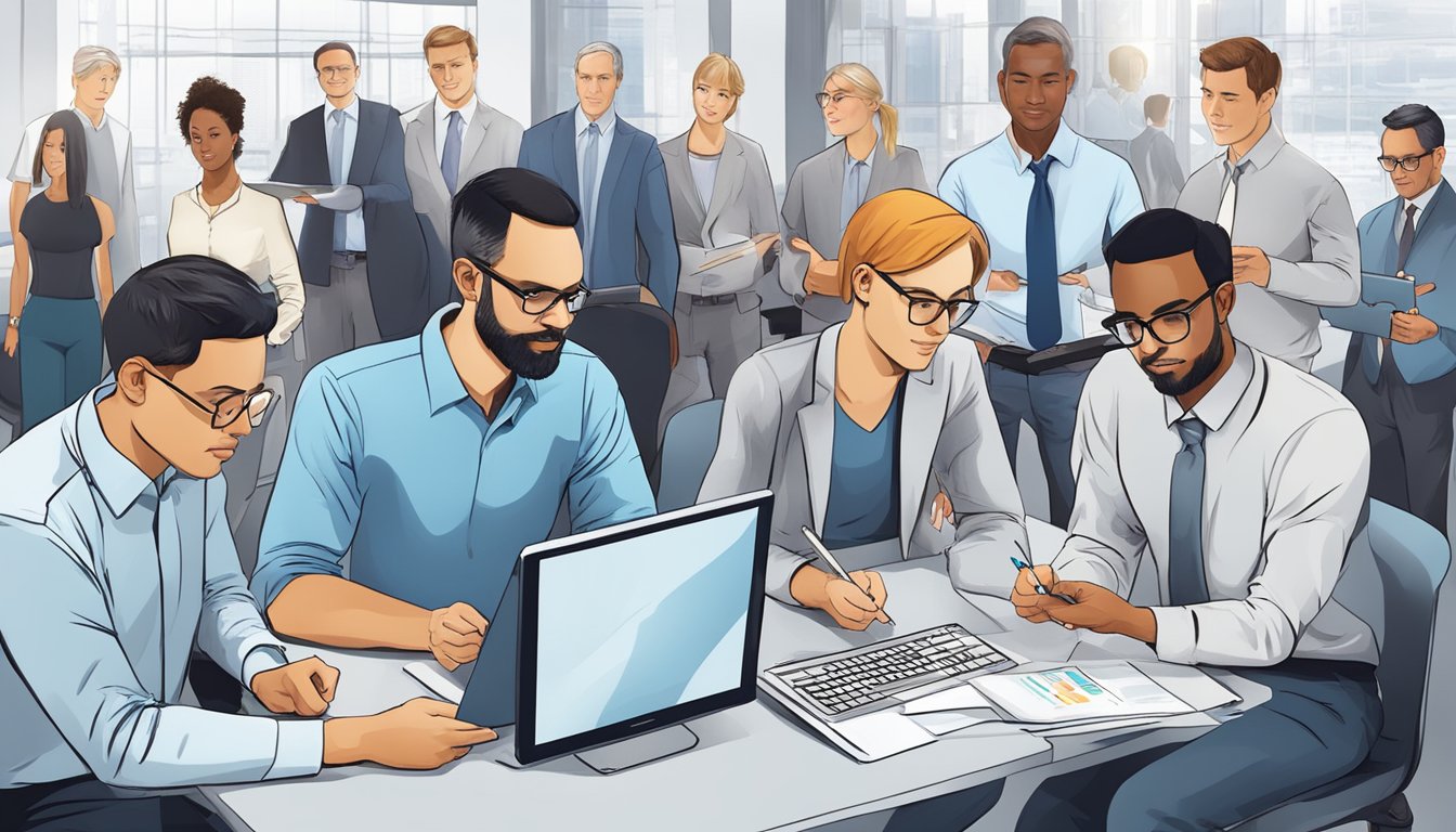 A diverse group of professionals collaboratively review and correct data, using advanced technology and tools to ensure accurate classification