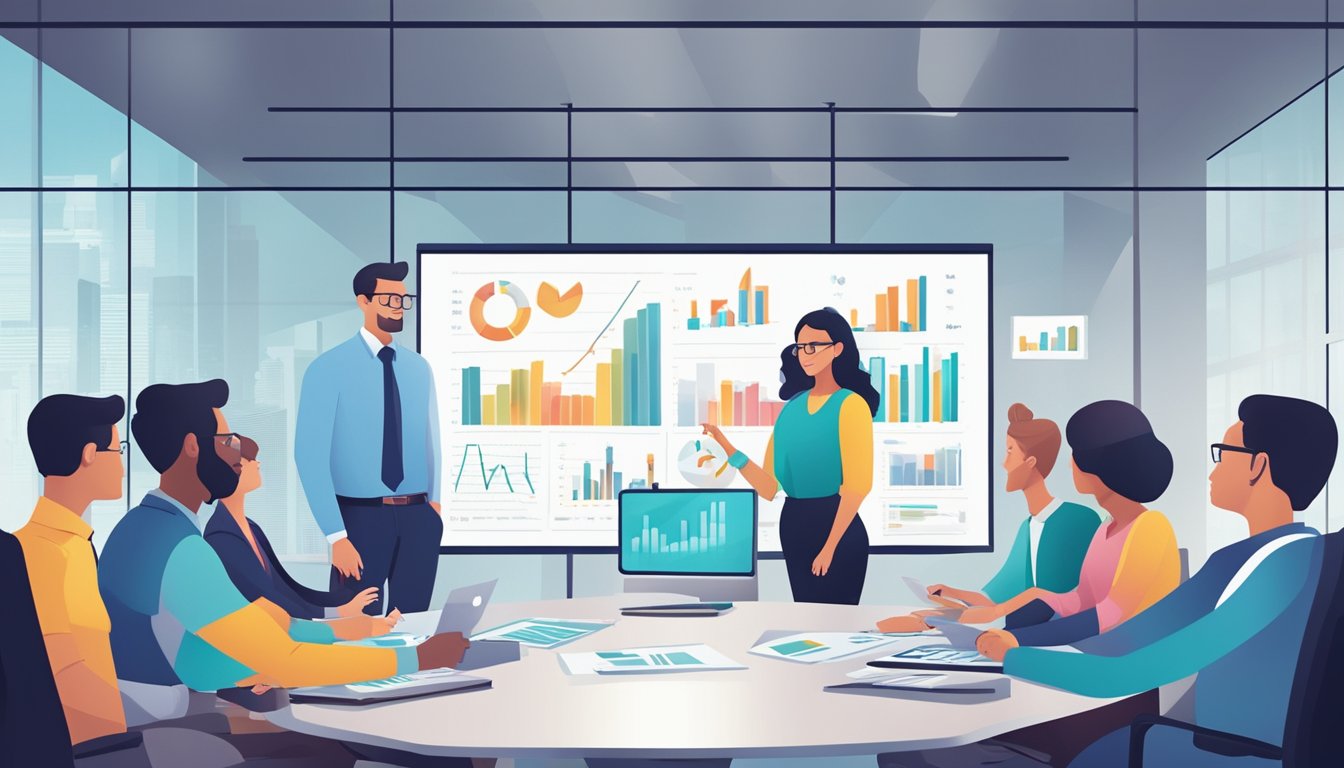 A group of accountants gather around a conference table, discussing the latest trends and technologies shaping the future of accounting. Charts and graphs are projected on a screen in the background, illustrating the data-driven nature of the industry
