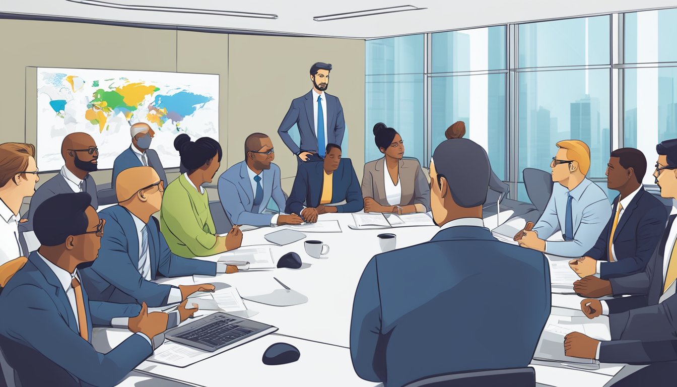 A diverse group of business professionals from around the world gather in a modern conference room, discussing the importance of International Financial Reporting Standards (IFRS)