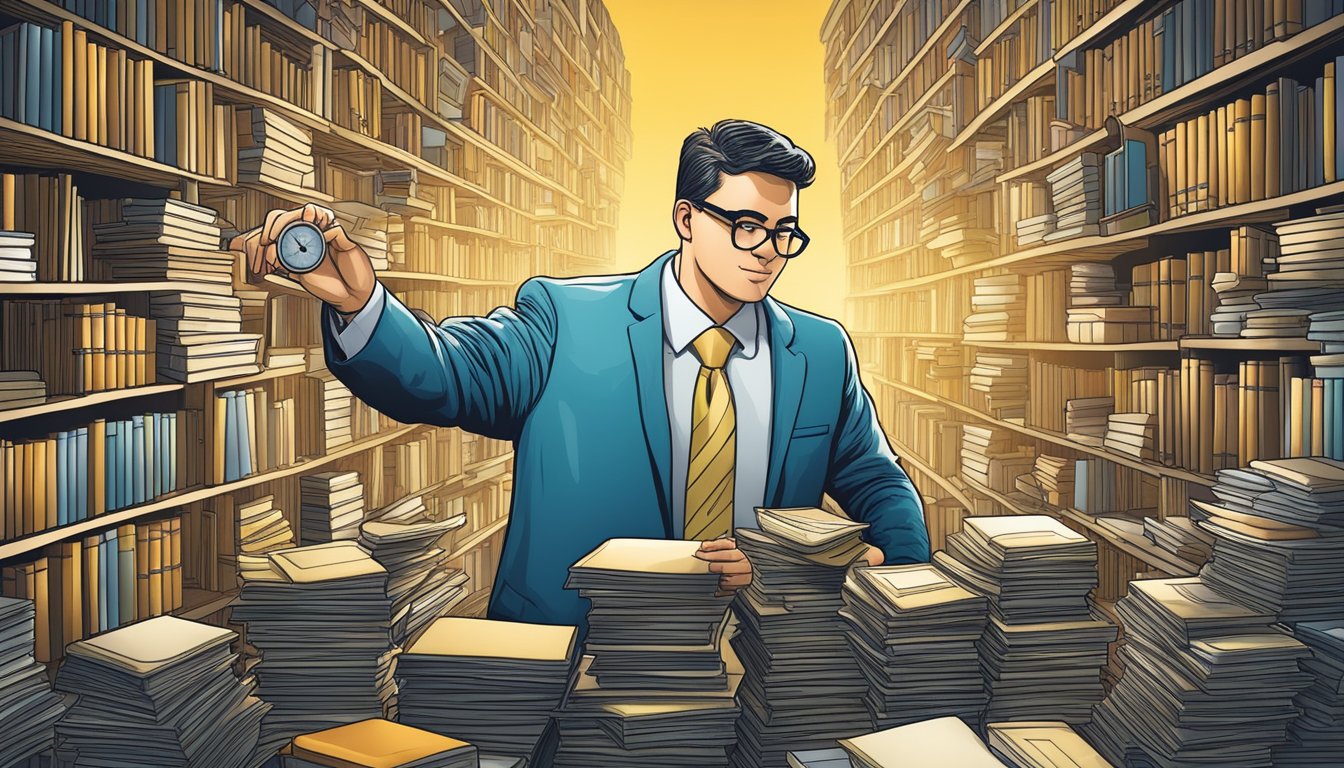 A tax accountant confidently navigates a maze of books and calculators, reaching for a shining key labeled "Success."