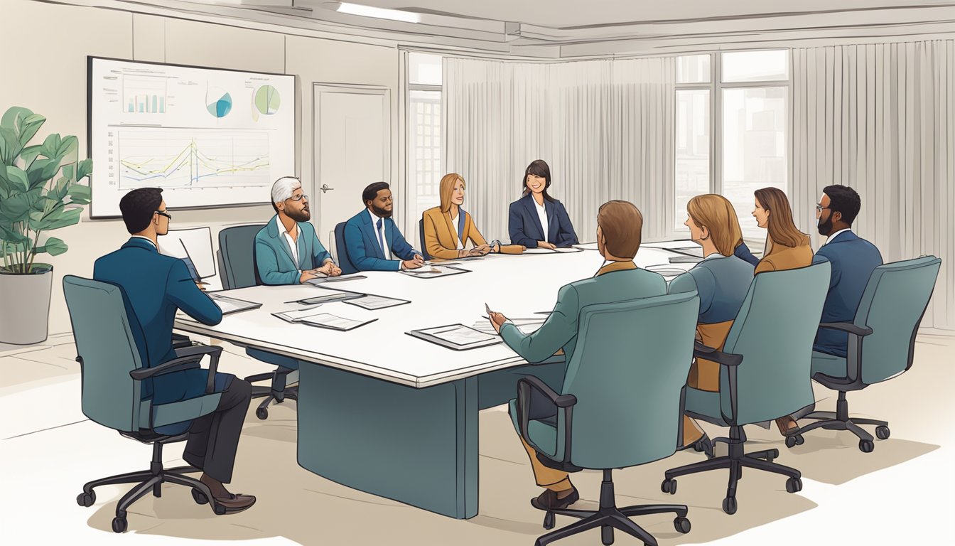 A group of professionals gather around a conference table, discussing financial reports and transparency for a nonprofit organization