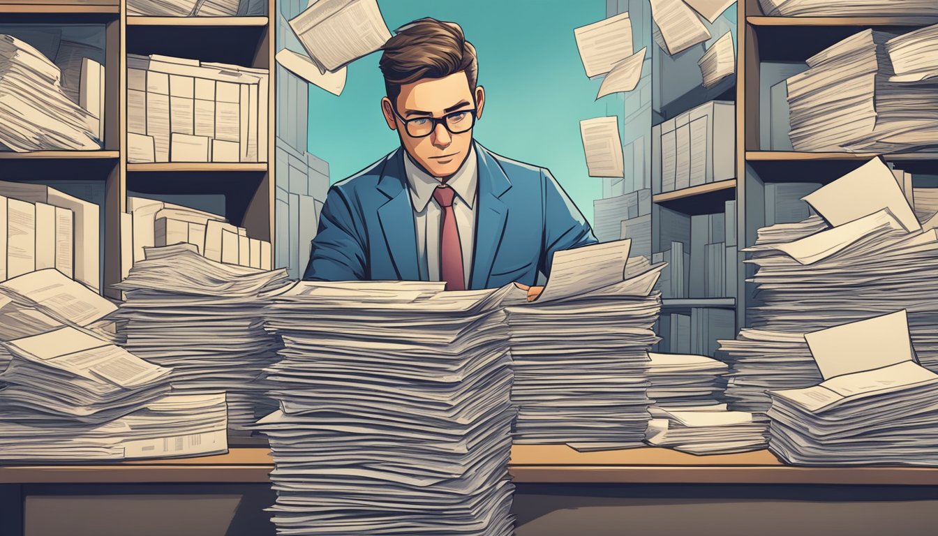 A confident businessperson navigating through a maze of international tax documents and regulations, with a determined expression and a stack of papers in hand