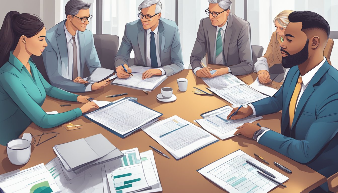 A group of accountants and financial experts gather around a table, reviewing spreadsheets and discussing strategies for sustaining nonprofit financial health