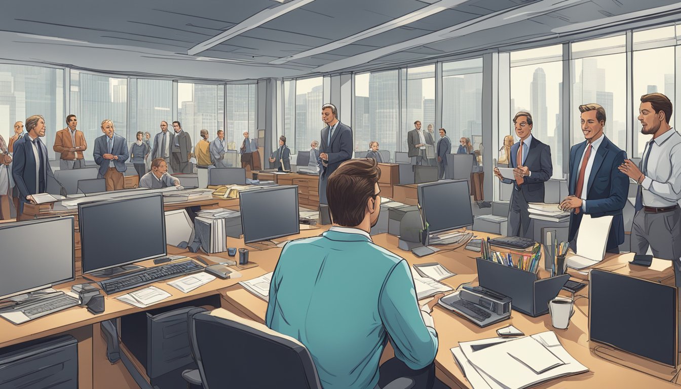 A bustling entertainment industry office with executives discussing financial strategies and performers rehearsing in the background