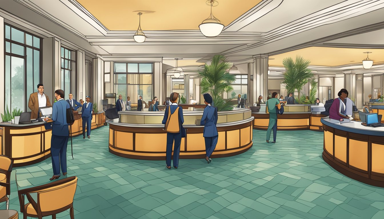 A bustling hotel lobby with staff managing finances