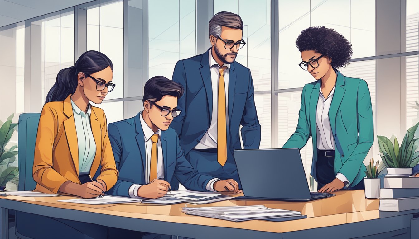 A group of focused accountants meticulously analyzing financial data in a modern office setting