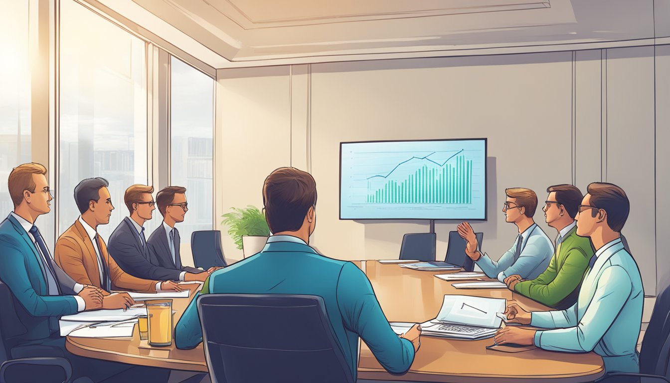 A team of professionals in the energy sector discussing hedge accounting strategies in a boardroom setting