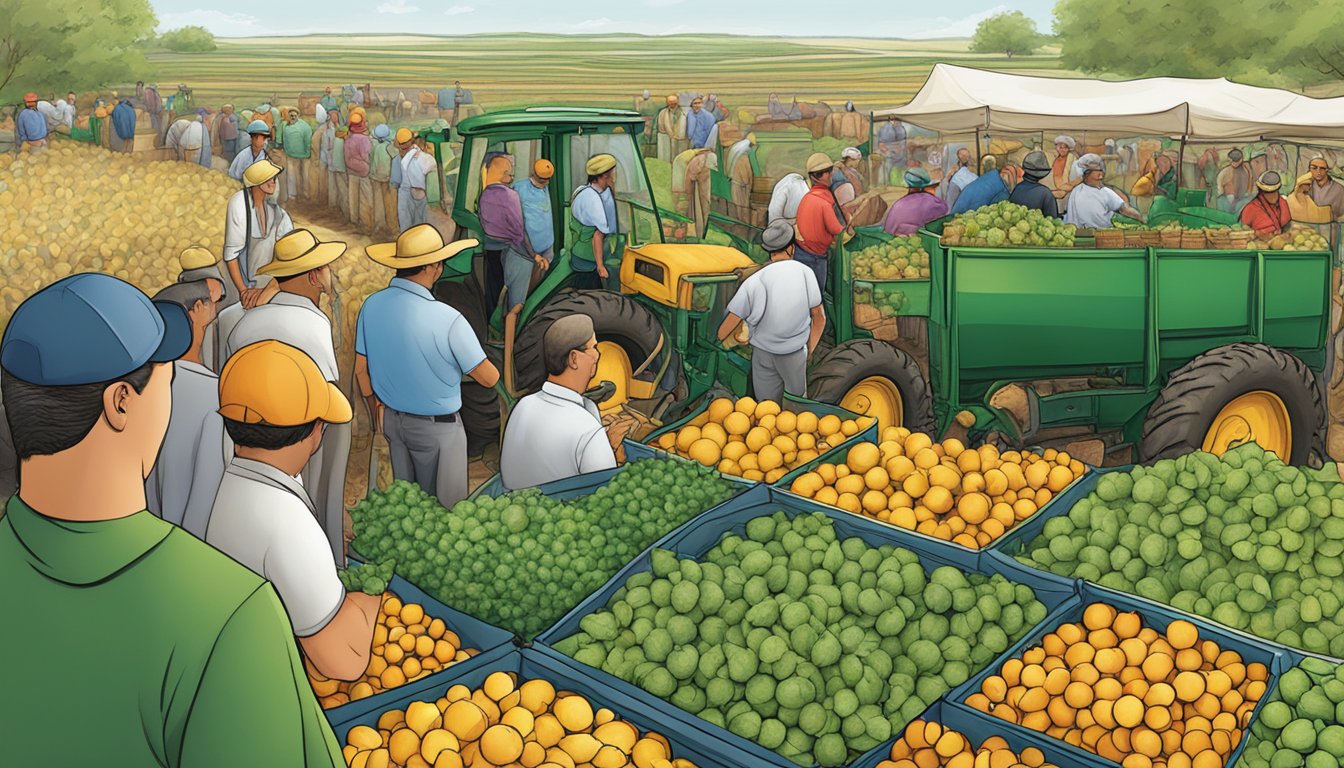 Amidst a bustling agricultural market, farmers and traders engage in dynamic transactions, utilizing derivatives and hedging strategies to navigate market volatility
