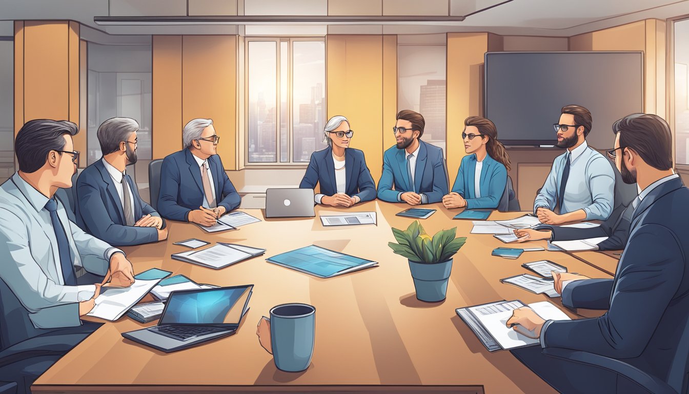 A group of professionals gathered around a conference table, discussing financial reports and property development strategies