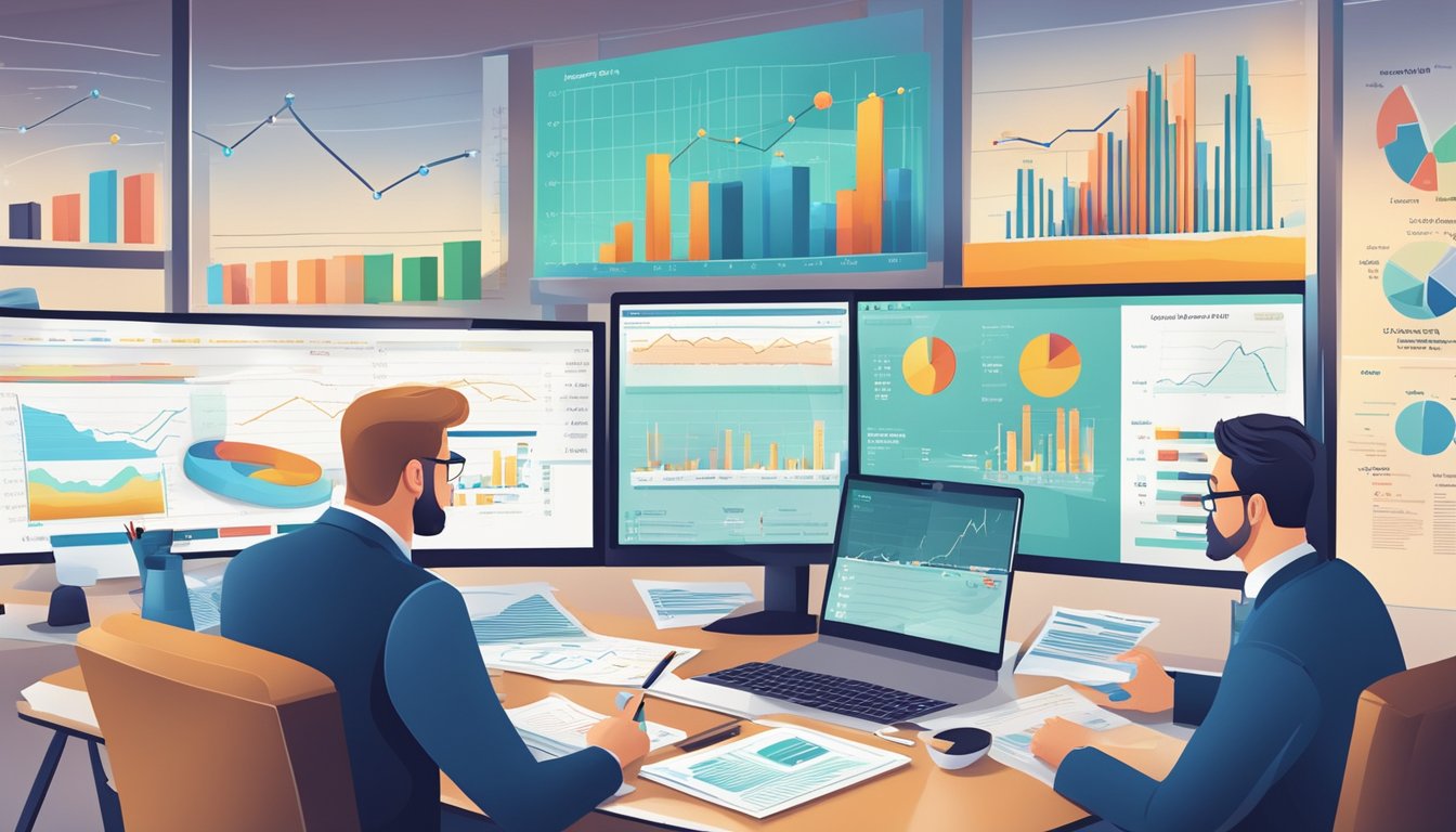 Accountants analyzing financial data using DuPont Analysis, surrounded by charts and graphs