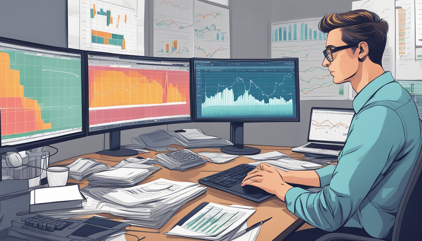 Amidst chaos, an accountant works diligently at a cluttered desk, surrounded by financial reports and a computer screen displaying fluctuating stock market graphs