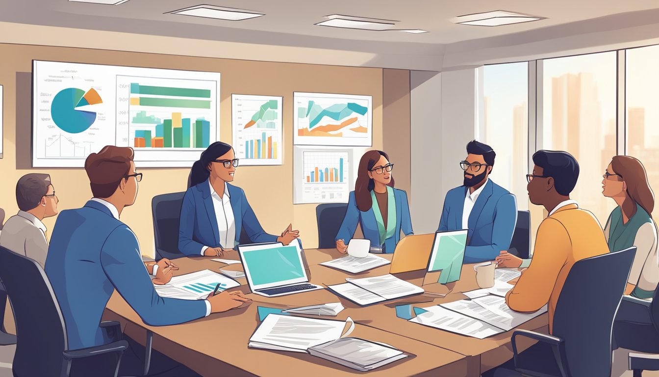 A group of accountants and nonprofit professionals discuss tax-exempt status in a conference room, surrounded by charts and graphs