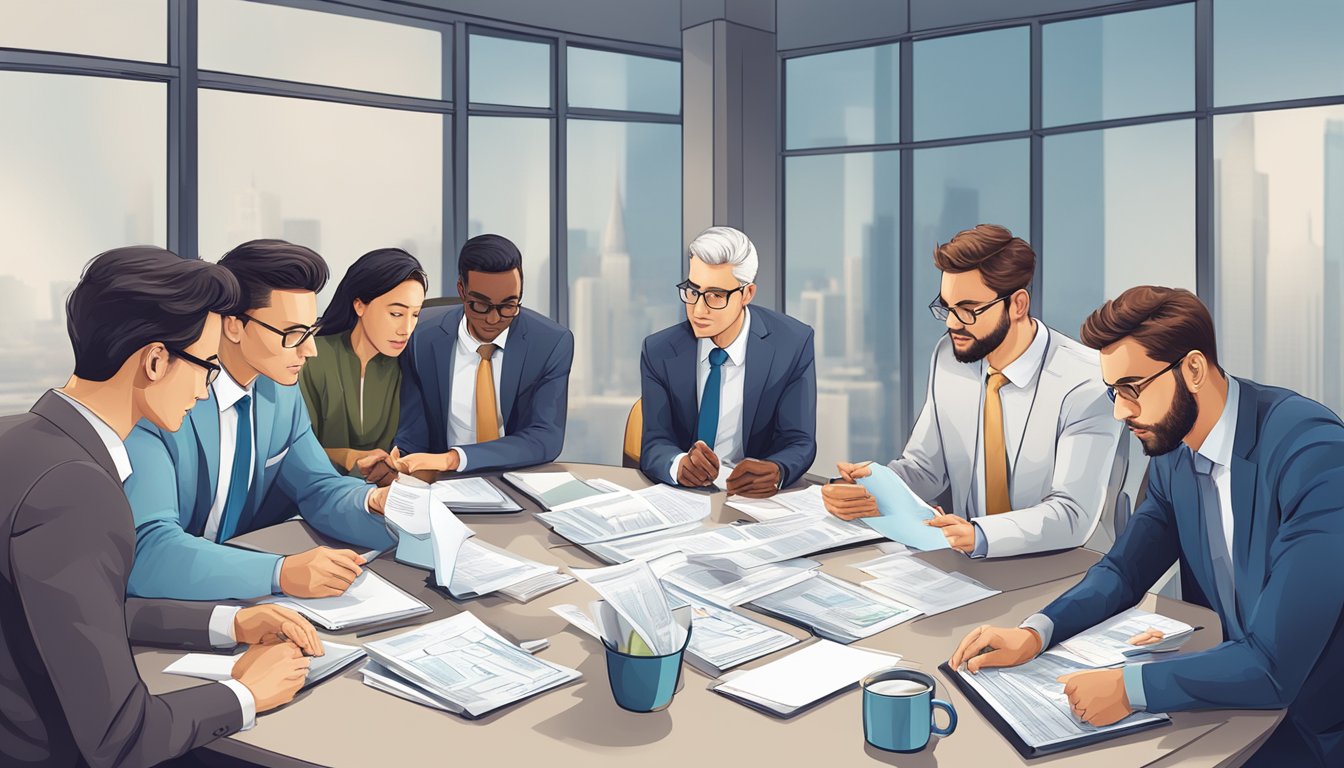 A group of professionals from different countries gather around a table, discussing financial documents and strategies
