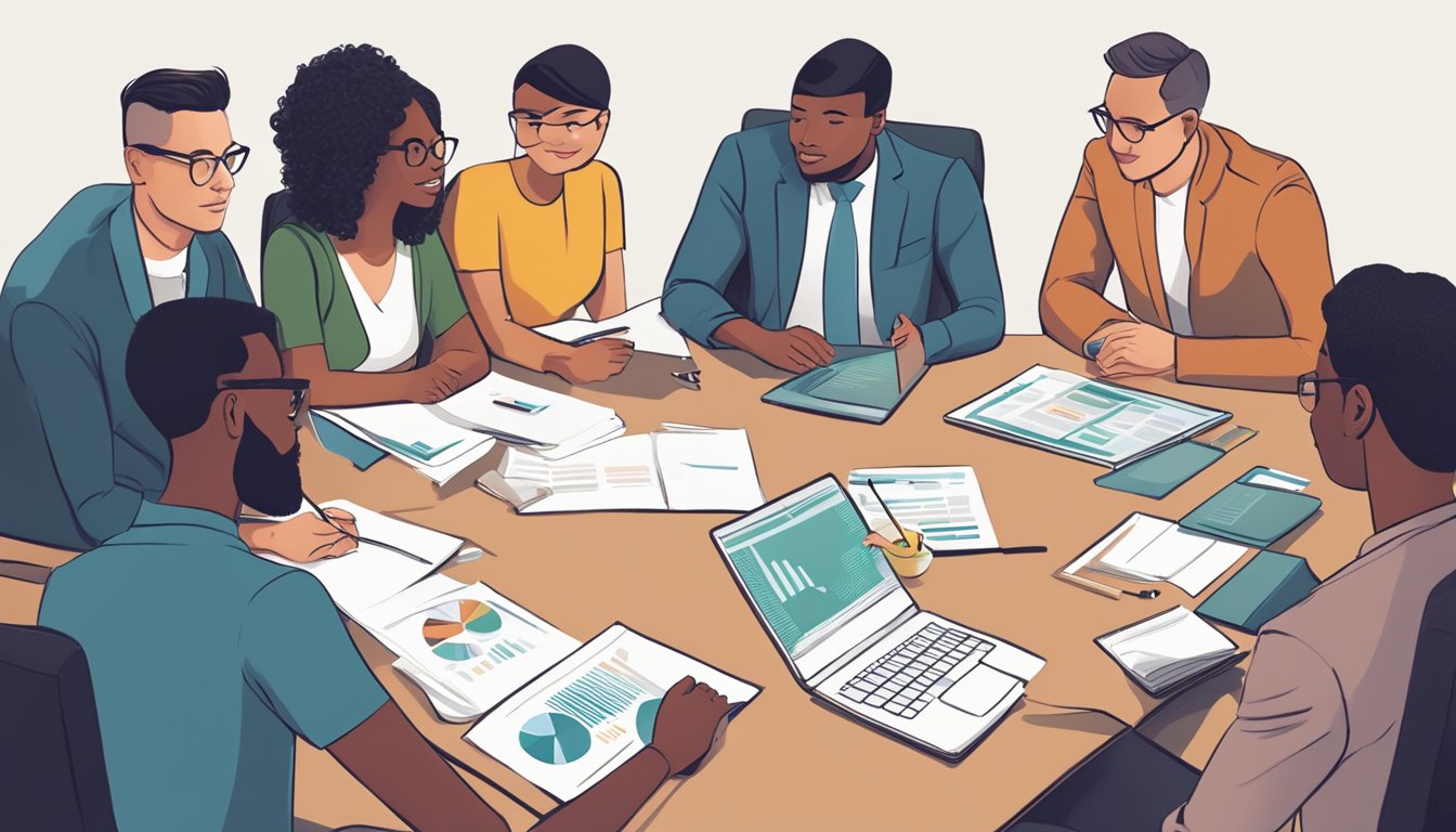 A group of diverse individuals gather around a table, discussing financial reports and impact metrics for a nonprofit organization