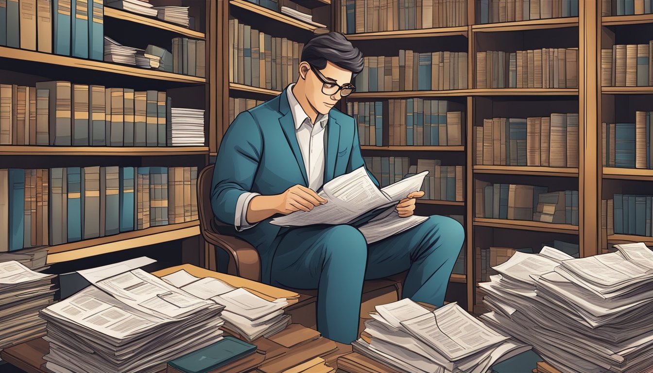 An accountant carefully reviewing documents, surrounded by shelves of law books and legal papers