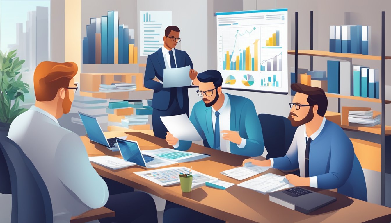 A group of accountants and financial analysts compare various accounting methods while discussing market valuation