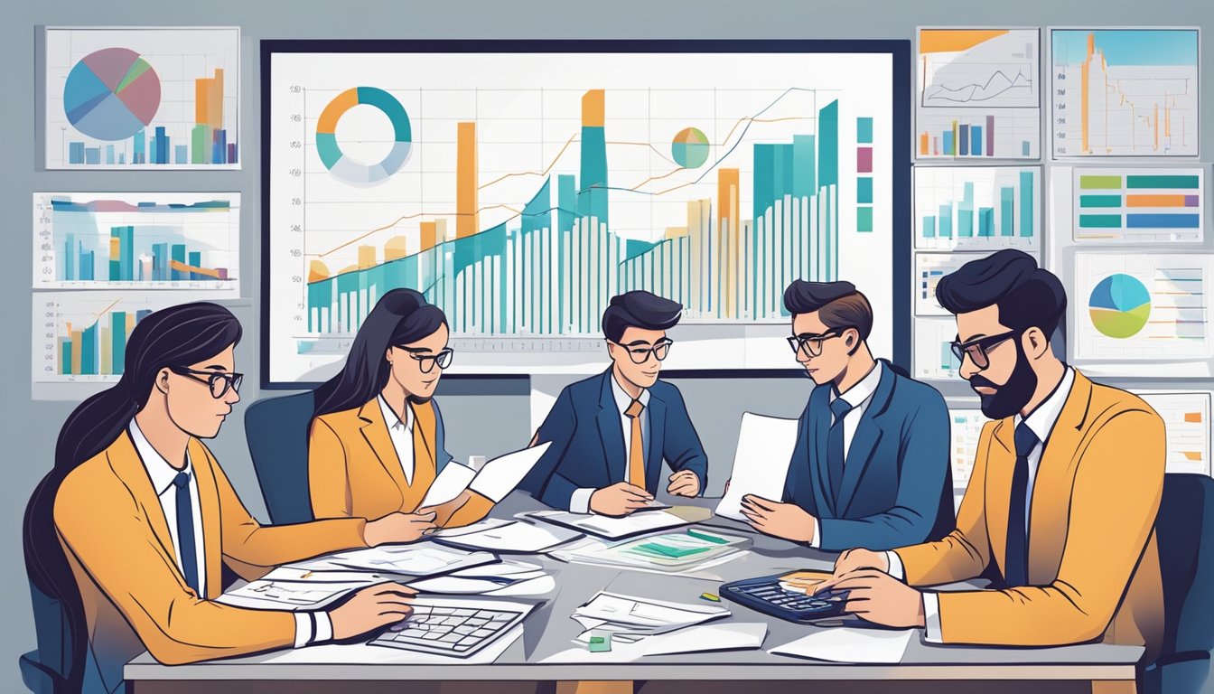 A group of accountants analyzing financial data, surrounded by charts and graphs, discussing ratio analysis