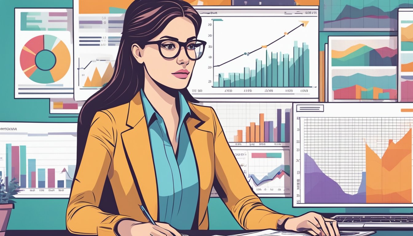 A businesswoman analyzes financial reports, comparing data side by side, with a determined expression. Graphs and charts surround her, showing trends over time