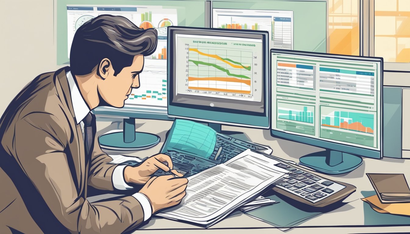 A financial analyst examines balance sheets and income statements, calculating key ratios and trends to predict bankruptcy risk