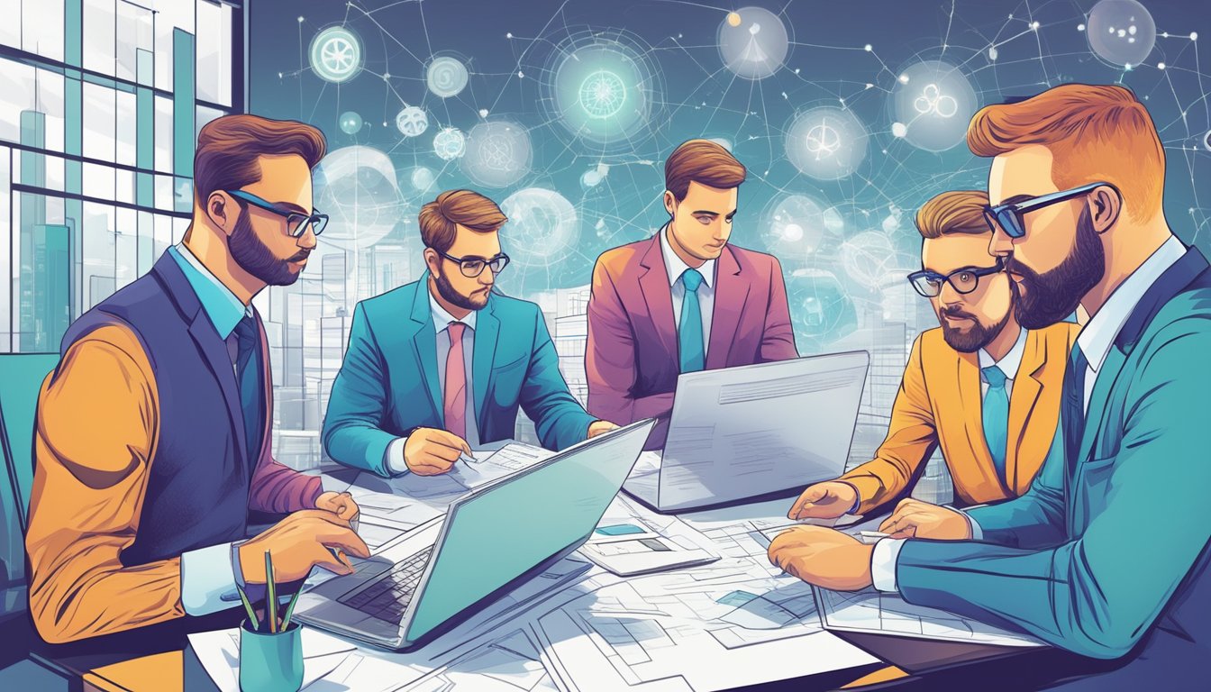 A team of accountants analyze a complex web of interconnected processes, suppliers, and customers to uncover untapped profit opportunities