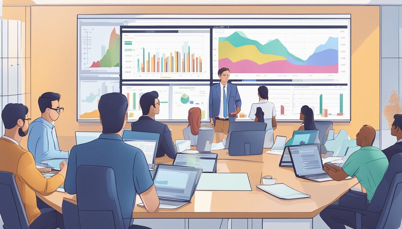 A group of investors analyzing financial data, while a presenter discusses market value ratios