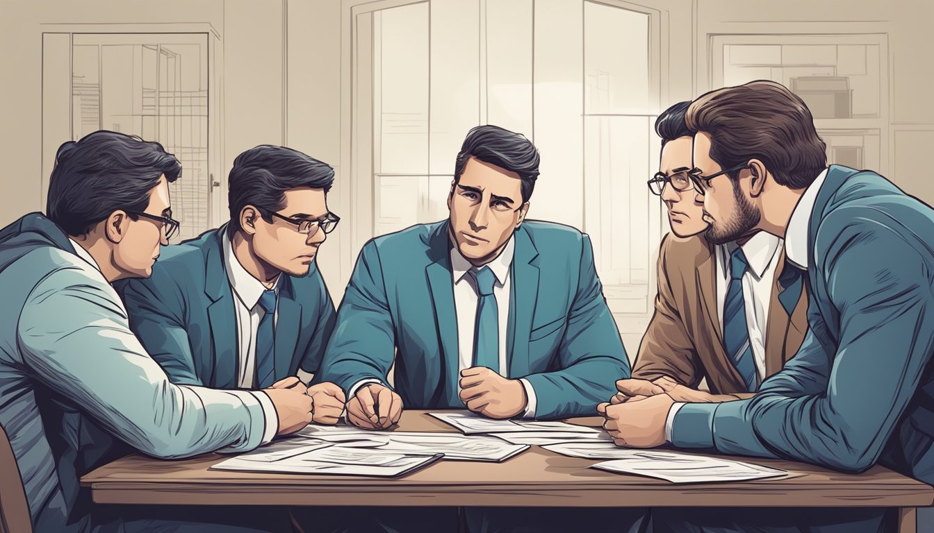 A group of accountants huddled around a table, debating over complex financial scenarios, with furrowed brows and intense expressions
