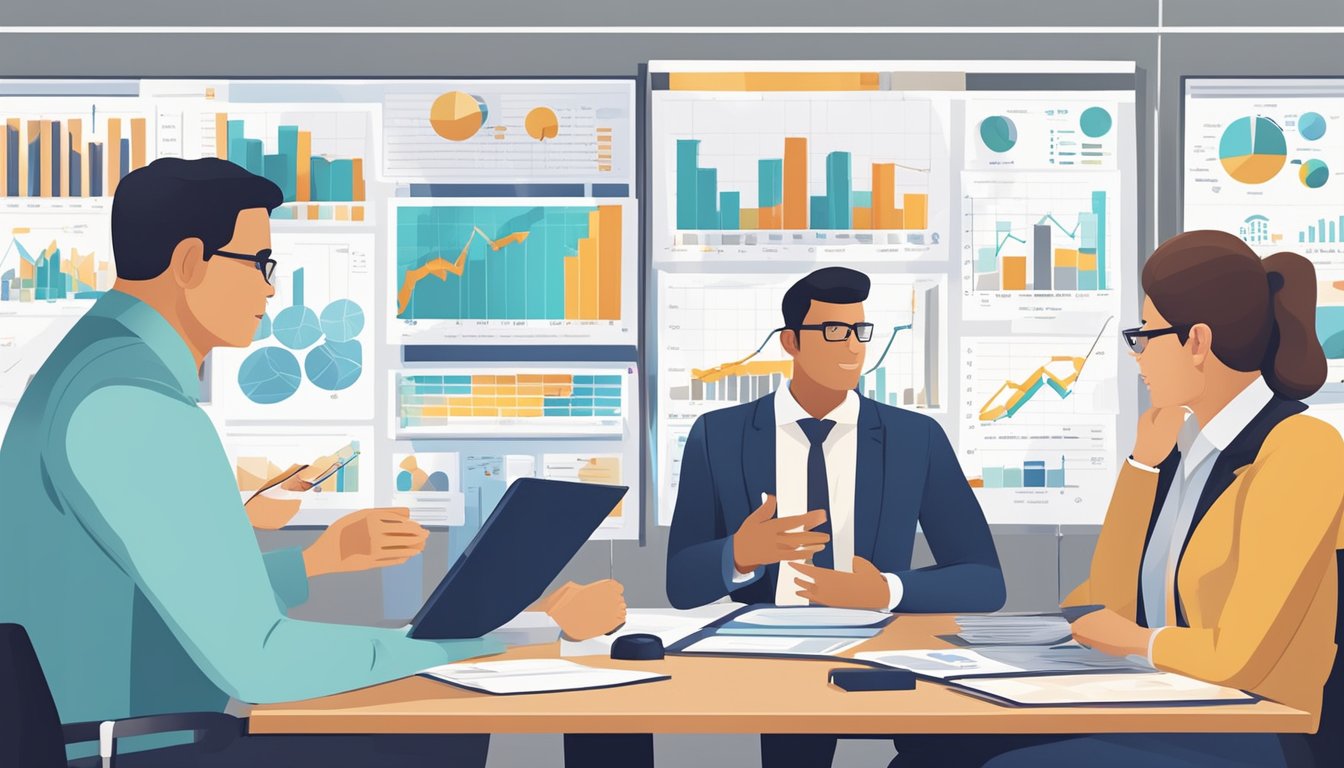 A group of business professionals are engaged in a detailed discussion about absorption costing, surrounded by charts and graphs illustrating inventory valuation methods