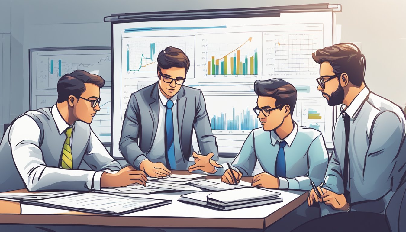 A group of accountants huddled around a whiteboard, discussing break-even analysis. Calculators and spreadsheets scattered across the table