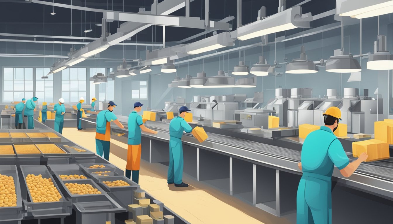 A group of workers in a factory, carefully separating and categorizing different products from a production line