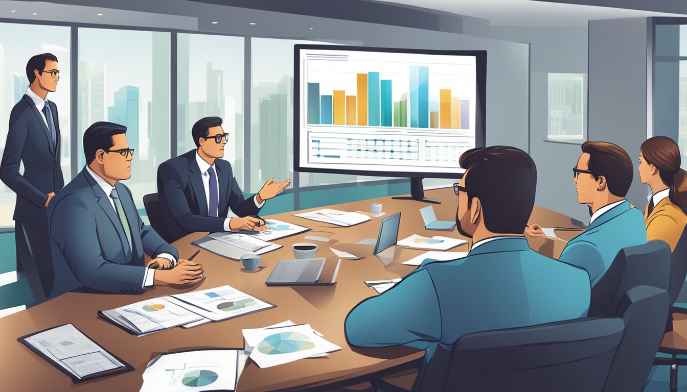 A group of business executives discussing cost concepts and classifications in a boardroom, with charts and graphs displayed on a large screen