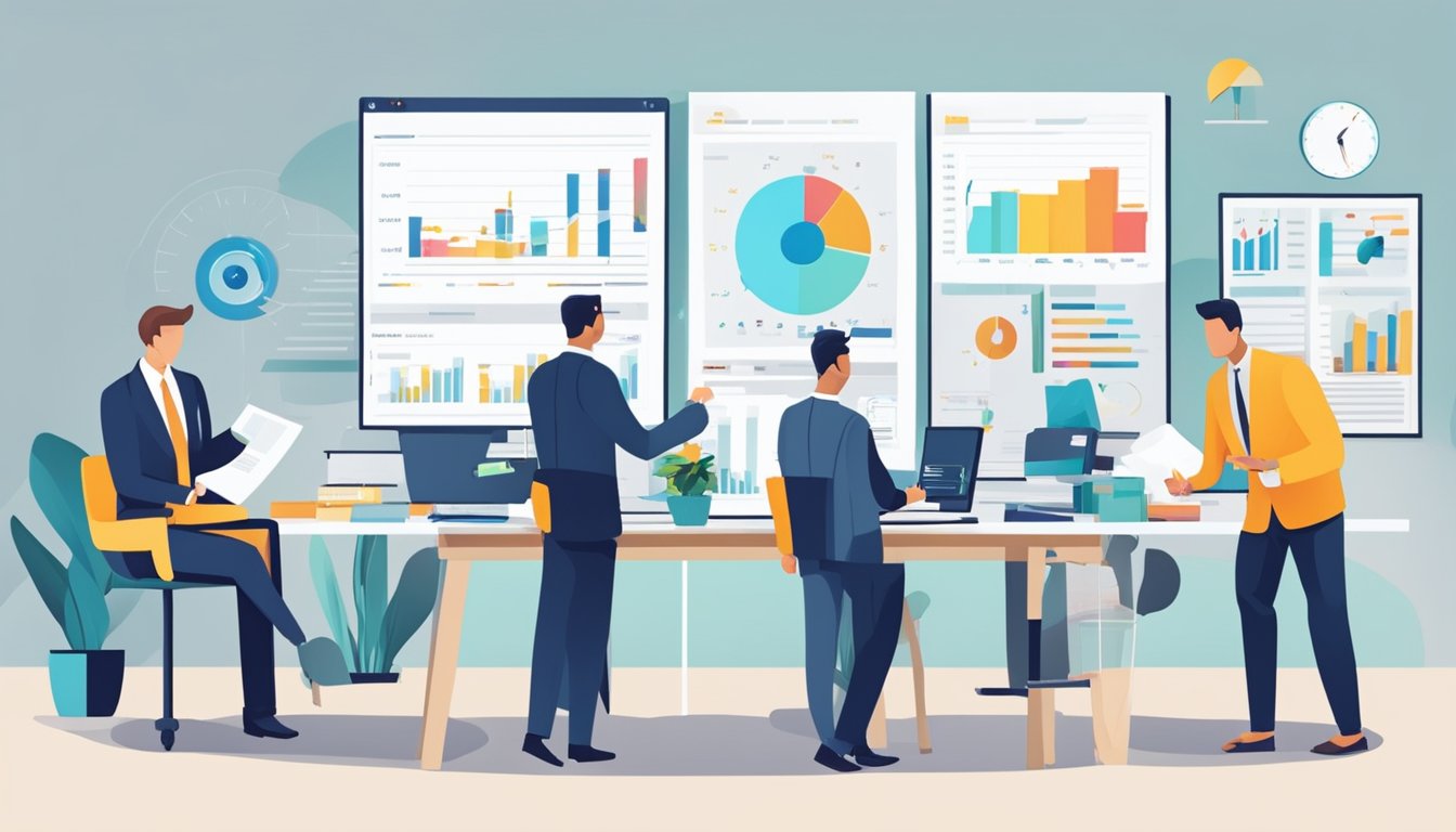 A group of business professionals analyzing financial data, charts, and graphs to determine break-even points and profit margins