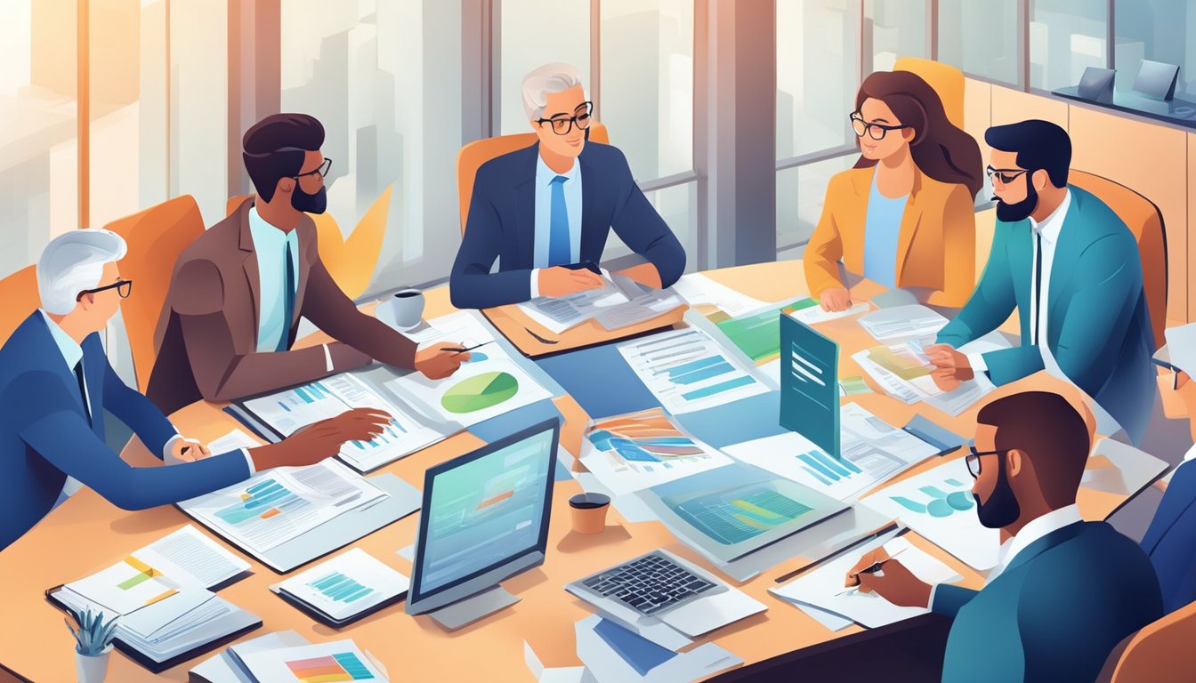 A group of professionals collaborate around a conference table, analyzing financial data and discussing sales budget development