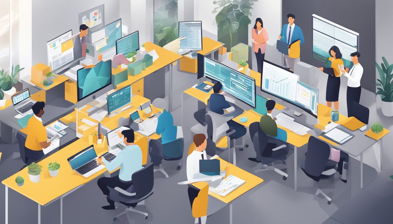 A group of accountants collaborate in an office, utilizing various cost allocation methods to optimize support functions