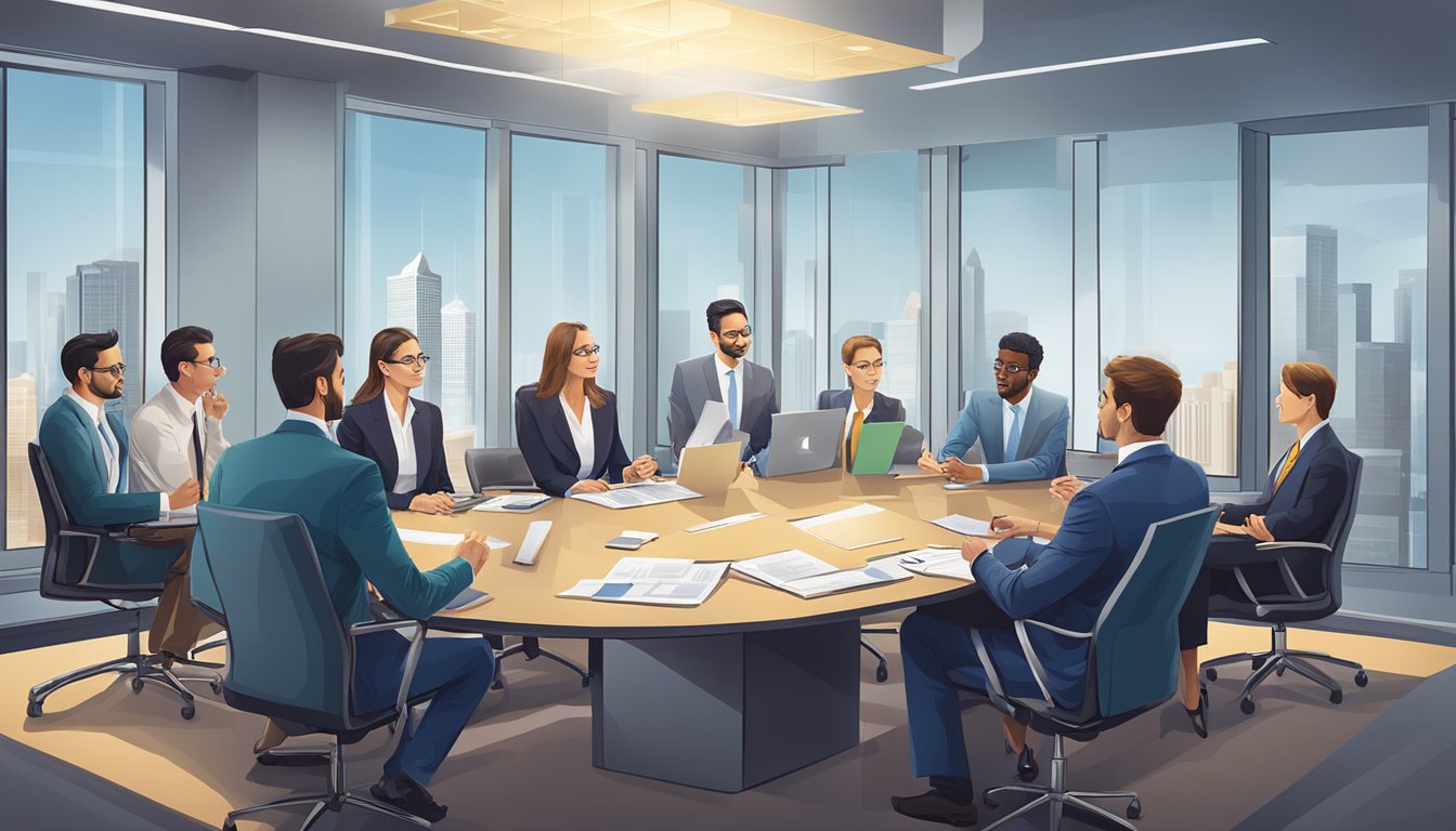 A group of business professionals gathered around a conference table, discussing financial projections and calculations for capital projects