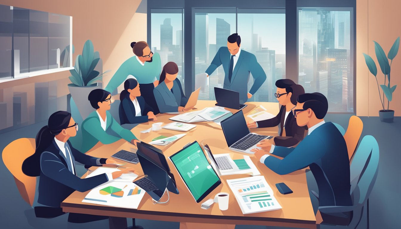 A team of accountants collaborate around a table, analyzing real-time financial data and discussing rolling forecasts to stay ahead of uncertainty