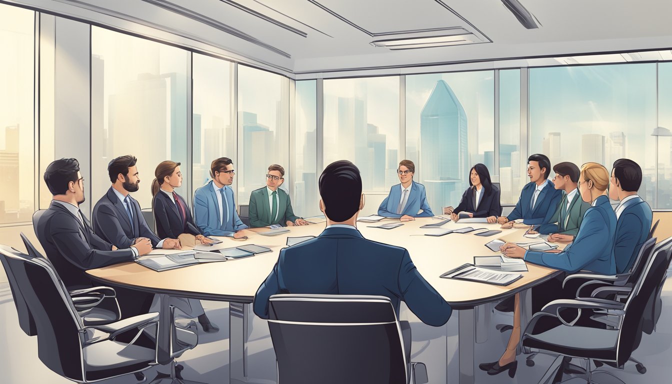 A boardroom meeting: Financial accountants focus on external reporting, while managerial accountants analyze internal operations. Two groups at opposite ends of the table