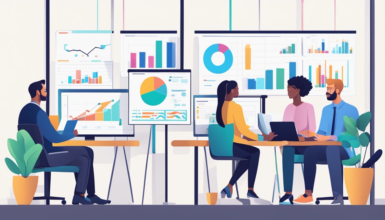 A group of diverse professionals analyzing data charts and graphs, discussing non-financial performance metrics to improve operational insights