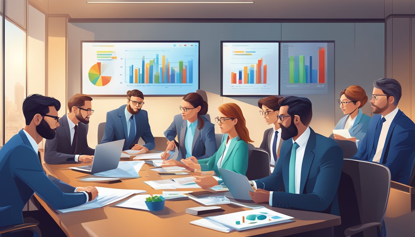 A group of focused professionals analyzing financial data in a boardroom