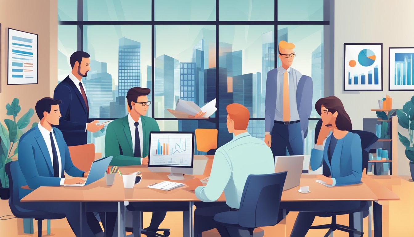 A group of business professionals analyzing financial data, charts, and graphs in a modern office setting