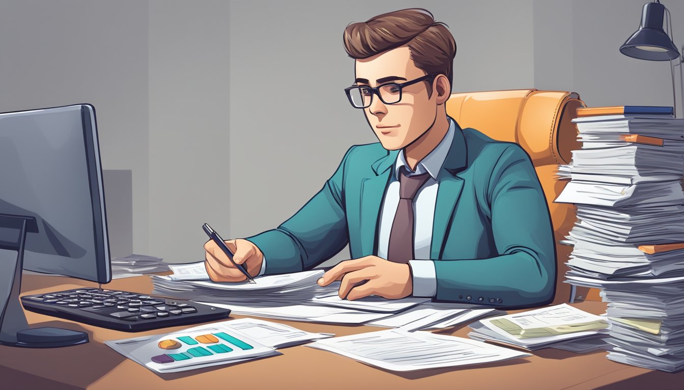 A person sitting at a desk, surrounded by financial documents and a calculator, with a determined look on their face as they calculate present and future value in accounting