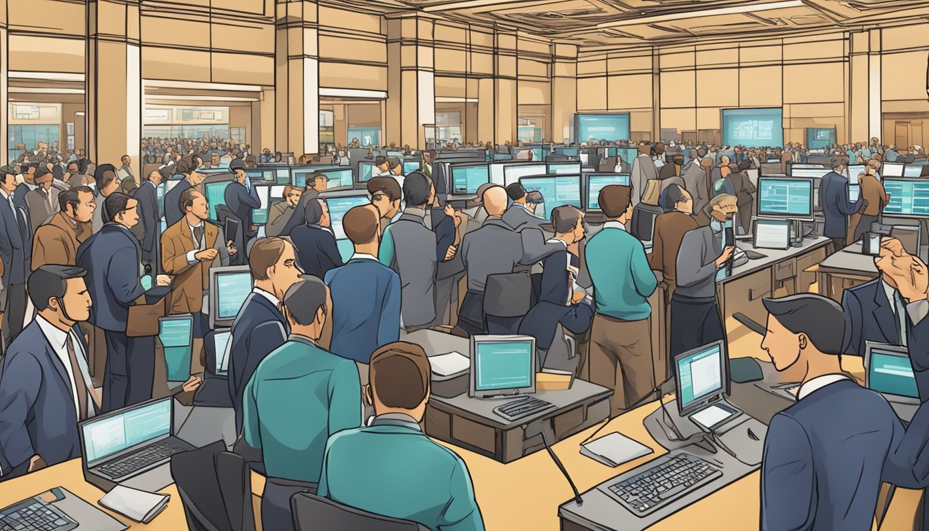 A bustling stock exchange floor with traders frantically exchanging shares as a company announces a massive buyback program