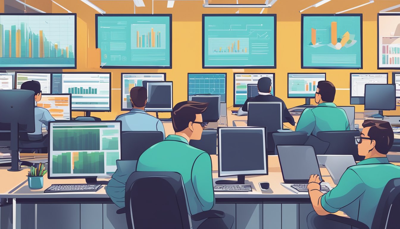 A group of accountants working diligently at their desks, surrounded by stacks of financial documents and computer screens displaying spreadsheets and charts